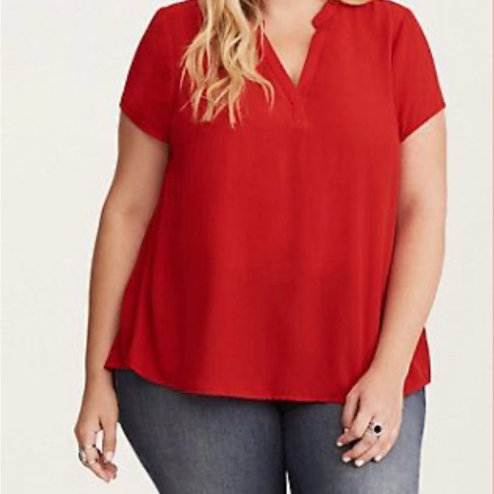 Torrid Red Relaxed Short Sleeve Mandarin Collar Blouse